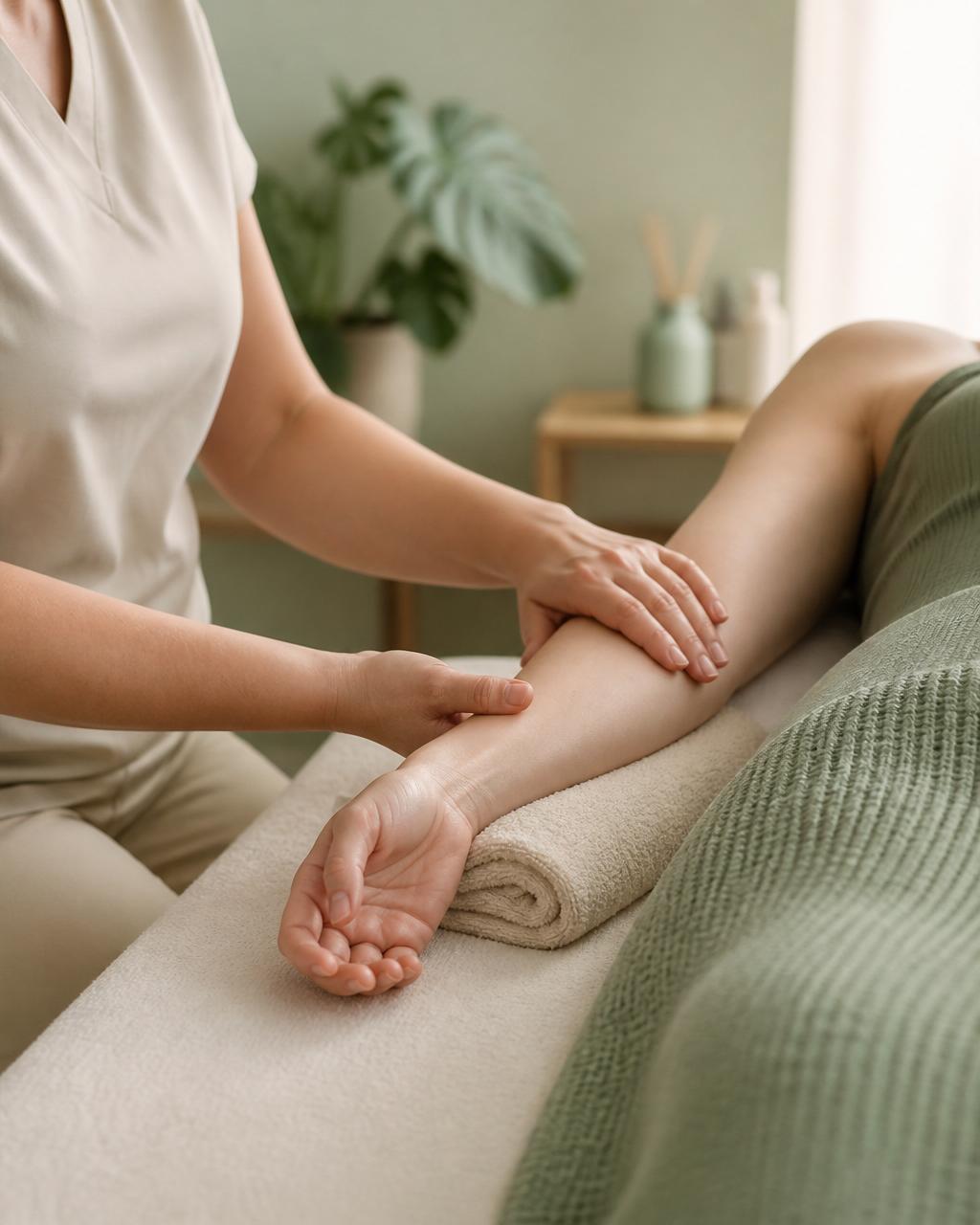Gentle manual lymphatic drainage therapy being performed on a client's arm in a calm, professional clinic setting