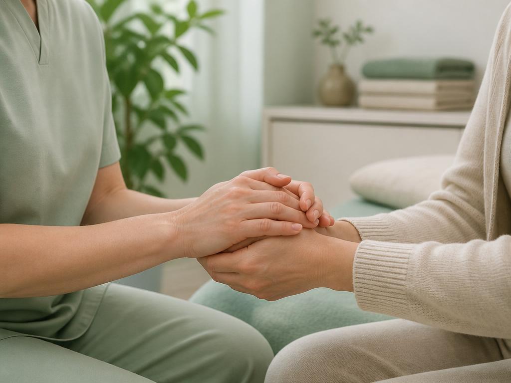 Compassionate oncology rehabilitation therapy in a calm, supportive clinic environment
